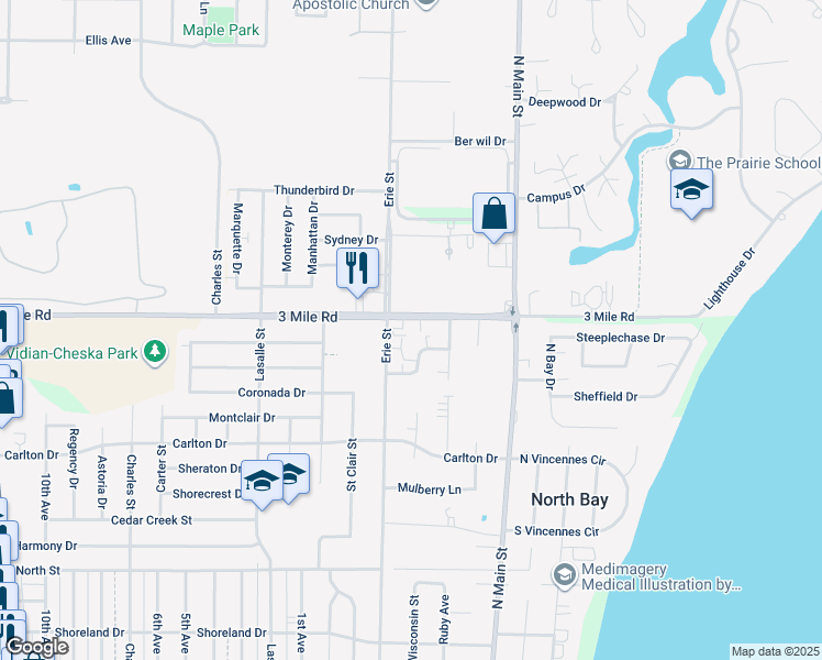 map of restaurants, bars, coffee shops, grocery stores, and more near 537 3 Mile Road in Racine