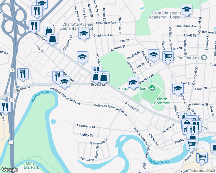 map of restaurants, bars, coffee shops, grocery stores, and more near 3 Bennett Street in Nashua