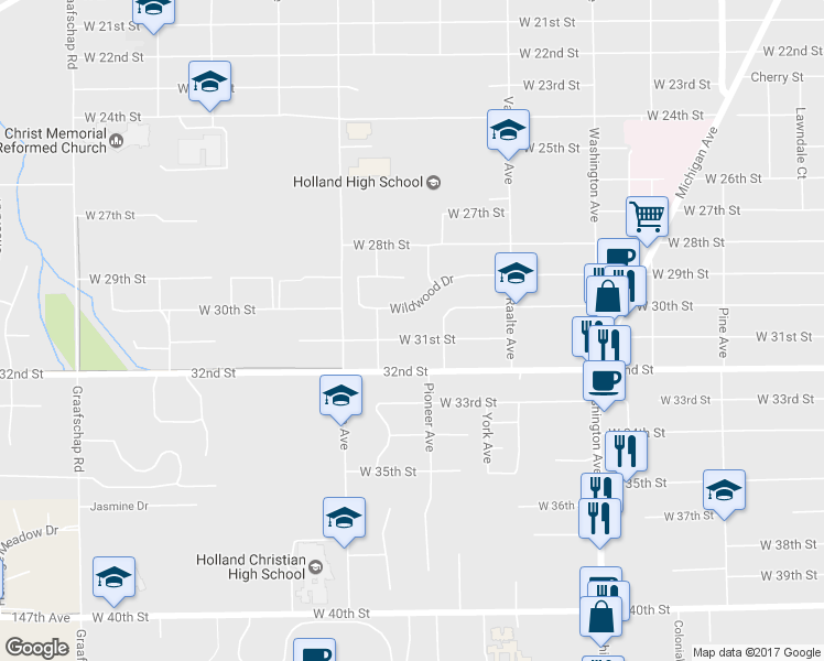 map of restaurants, bars, coffee shops, grocery stores, and more near 367 West 31st Street in Holland