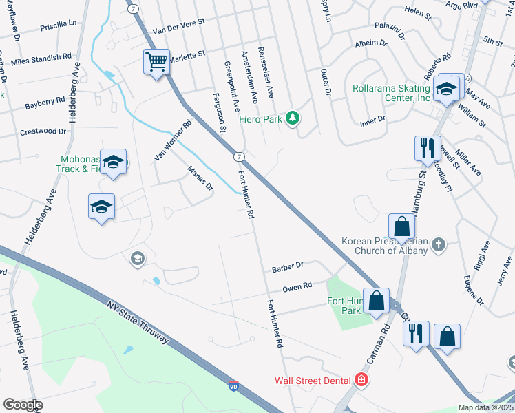 map of restaurants, bars, coffee shops, grocery stores, and more near 1037 Fort Hunter Road in Schenectady