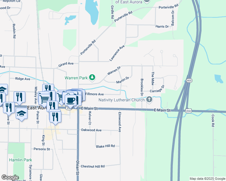 map of restaurants, bars, coffee shops, grocery stores, and more near 854 East Fillmore Avenue in East Aurora