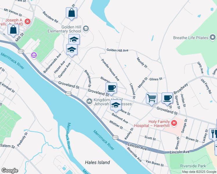map of restaurants, bars, coffee shops, grocery stores, and more near 19 Claremont Avenue in Haverhill