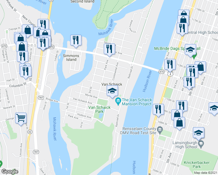 map of restaurants, bars, coffee shops, grocery stores, and more near 76 Adams Avenue in Cohoes