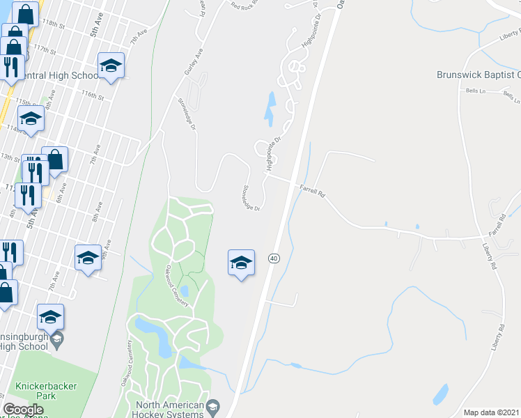 map of restaurants, bars, coffee shops, grocery stores, and more near 14 Stoneledge Drive in Troy