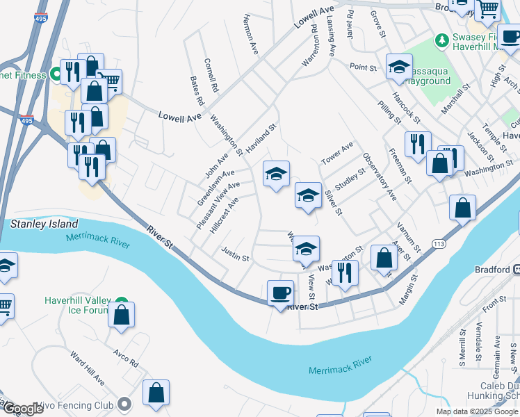 map of restaurants, bars, coffee shops, grocery stores, and more near 685 Washington Street in Haverhill