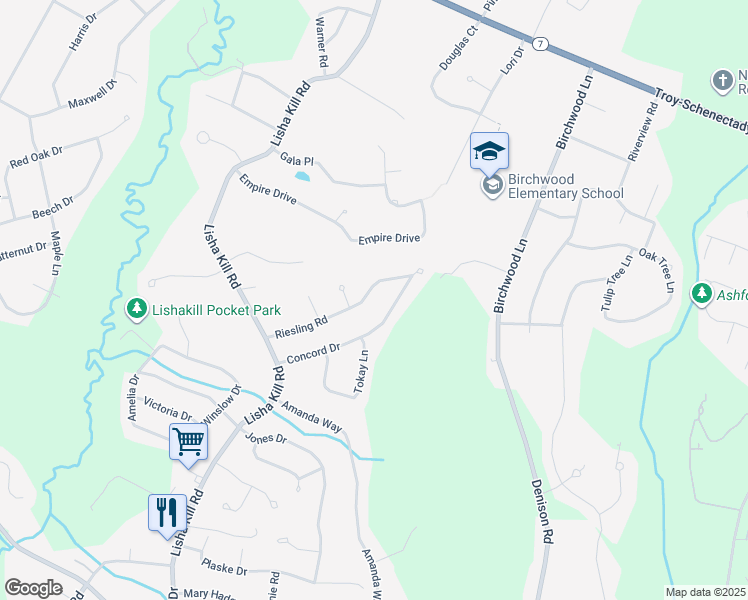 map of restaurants, bars, coffee shops, grocery stores, and more near 25 Riesling Road in Schenectady
