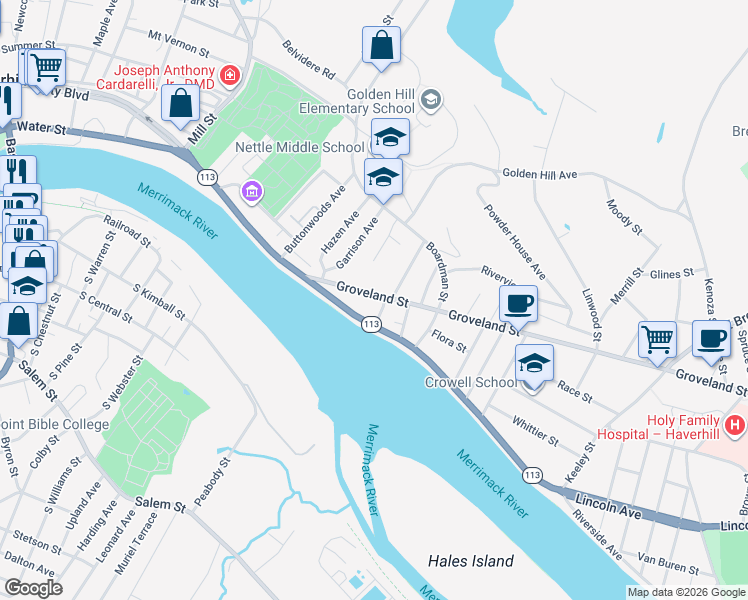 map of restaurants, bars, coffee shops, grocery stores, and more near 55 Groveland Street in Haverhill