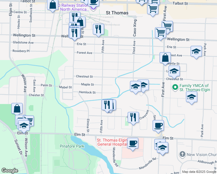 map of restaurants, bars, coffee shops, grocery stores, and more near 83 Maple Street in Saint Thomas