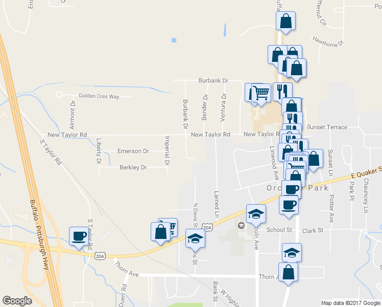 map of restaurants, bars, coffee shops, grocery stores, and more near 15 Glendale Terrace in Orchard Park