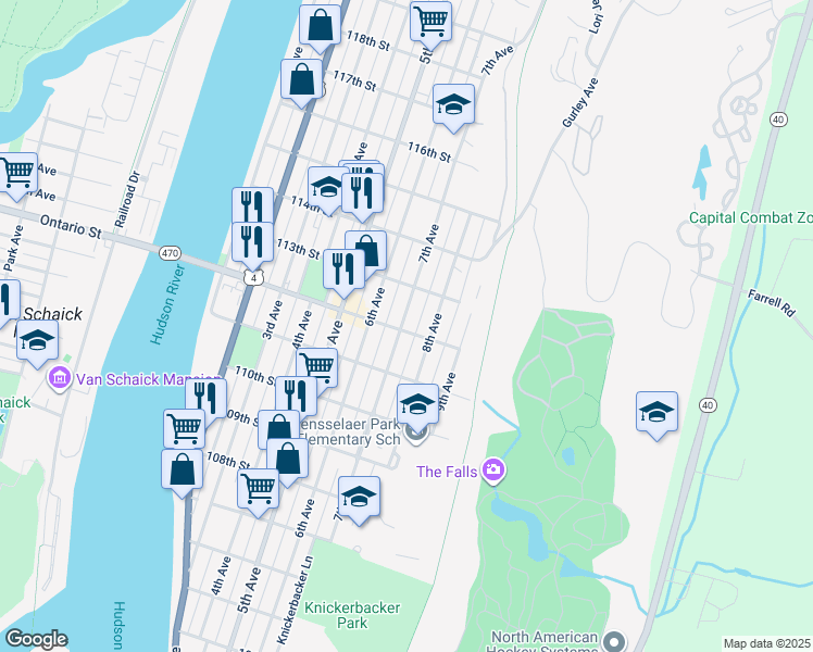 map of restaurants, bars, coffee shops, grocery stores, and more near 472 7th Avenue in Troy