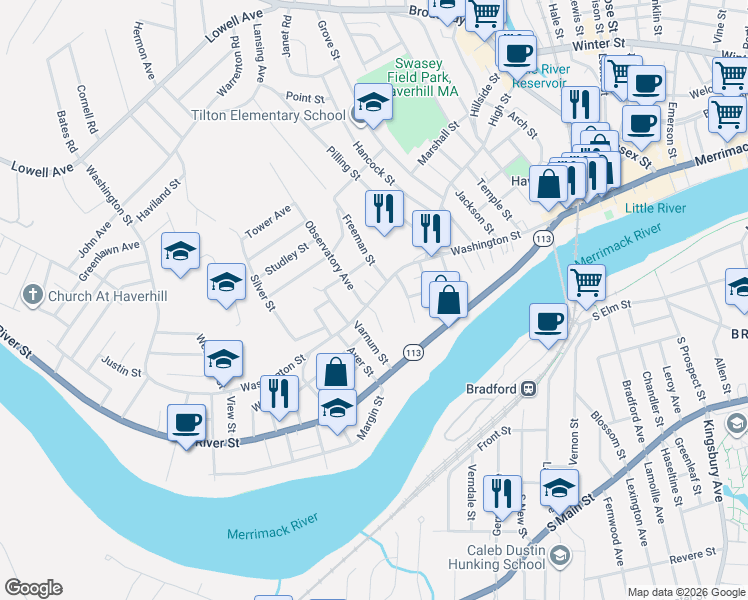 map of restaurants, bars, coffee shops, grocery stores, and more near 420 Washington Street in Haverhill