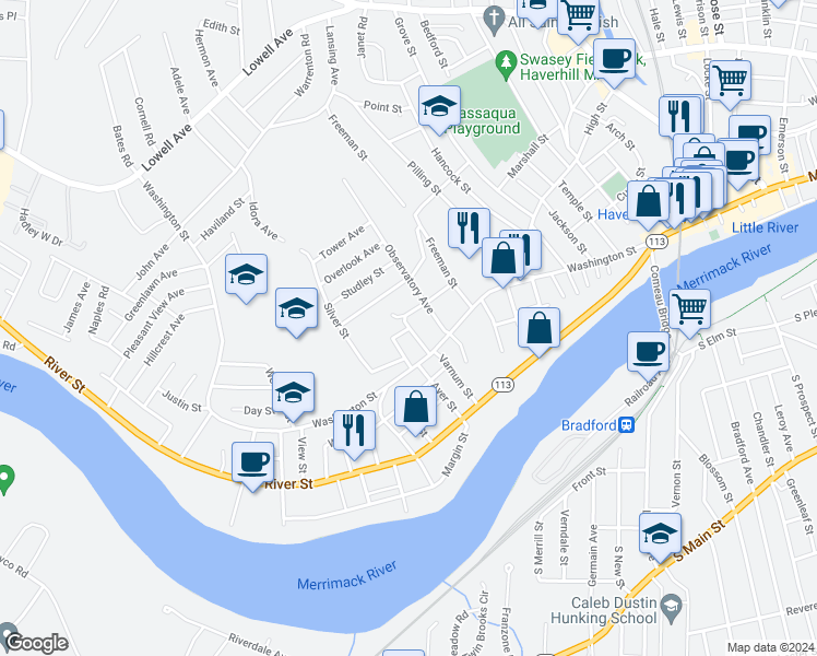 map of restaurants, bars, coffee shops, grocery stores, and more near Marble Street in Haverhill
