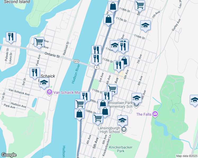 map of restaurants, bars, coffee shops, grocery stores, and more near 15 111th Street in Troy