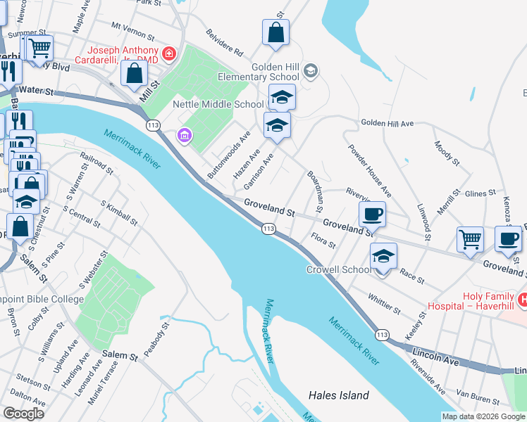 map of restaurants, bars, coffee shops, grocery stores, and more near 55 Groveland Street in Haverhill