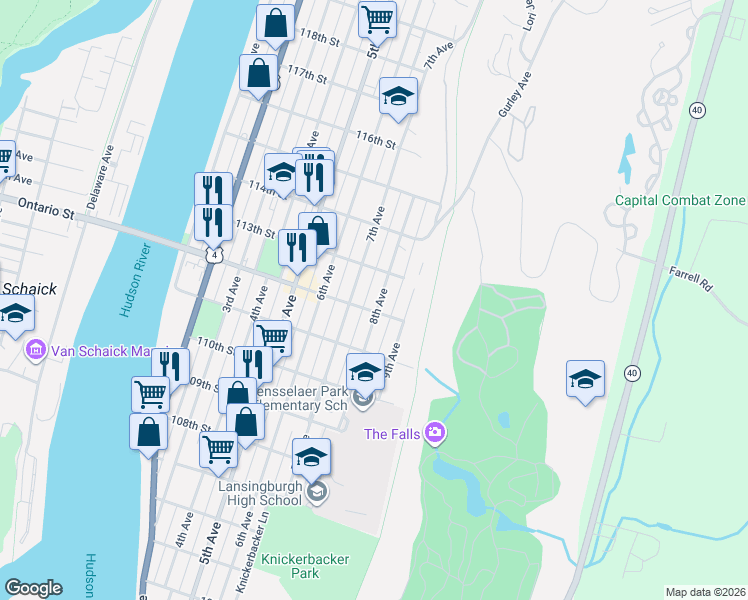 map of restaurants, bars, coffee shops, grocery stores, and more near 472 7th Avenue in Troy