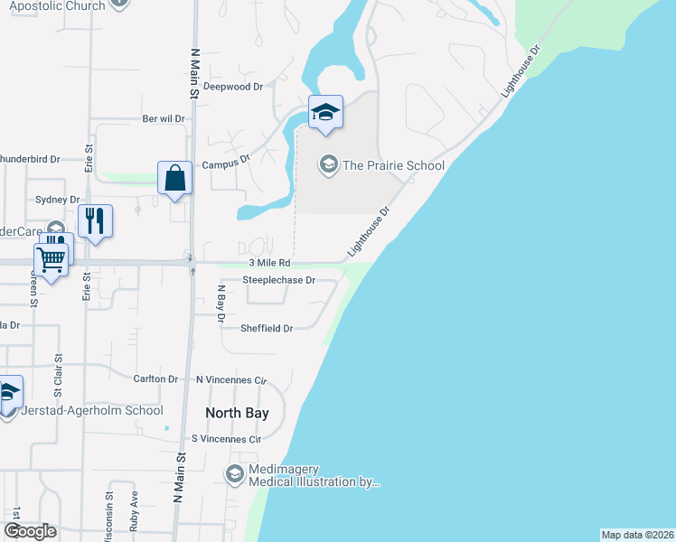 map of restaurants, bars, coffee shops, grocery stores, and more near 24 Steeplechase Drive in Racine