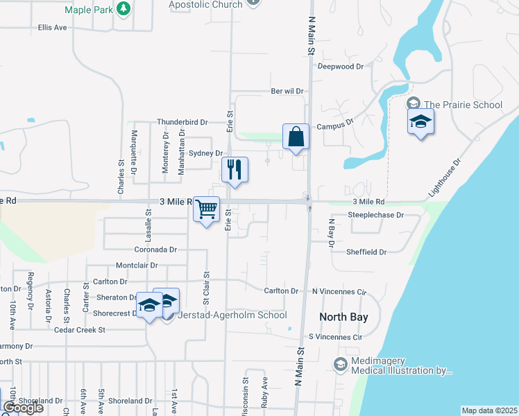 map of restaurants, bars, coffee shops, grocery stores, and more near 501 3 Mile Road in Racine