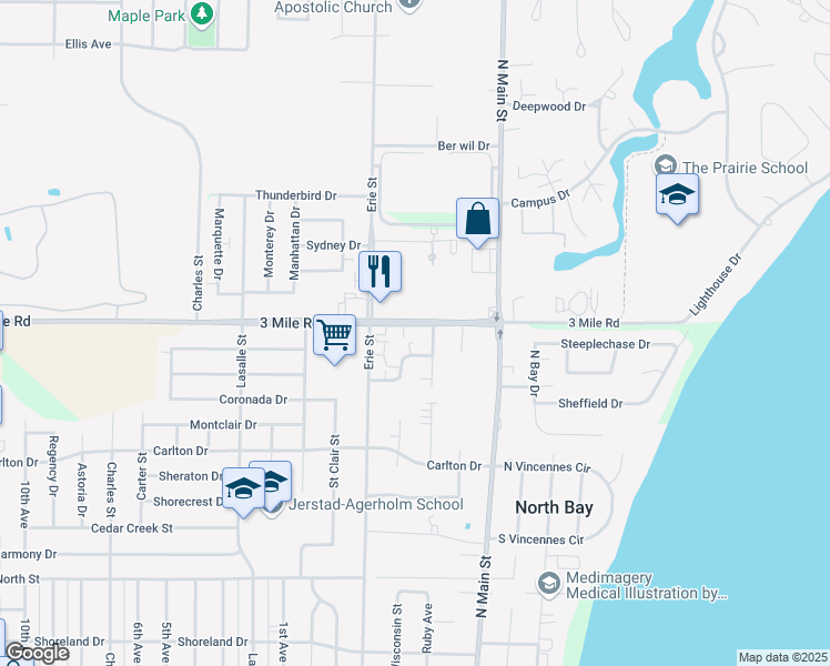 map of restaurants, bars, coffee shops, grocery stores, and more near 501 3 Mile Road in Racine