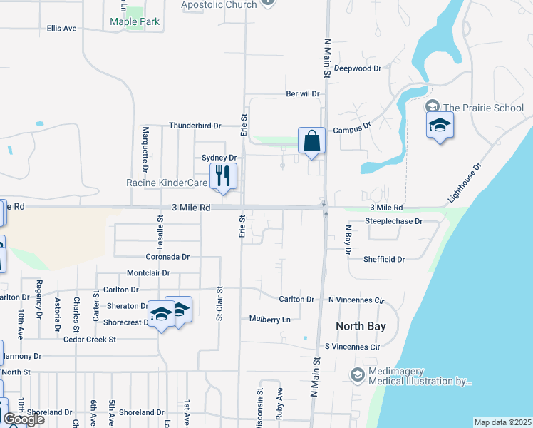 map of restaurants, bars, coffee shops, grocery stores, and more near 537 3 Mile Road in Racine