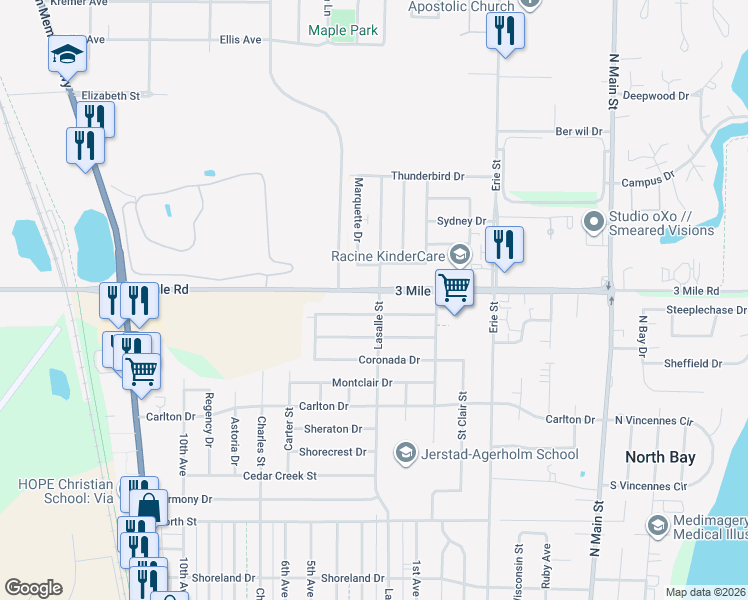 map of restaurants, bars, coffee shops, grocery stores, and more near 3930 Lasalle Street in Racine