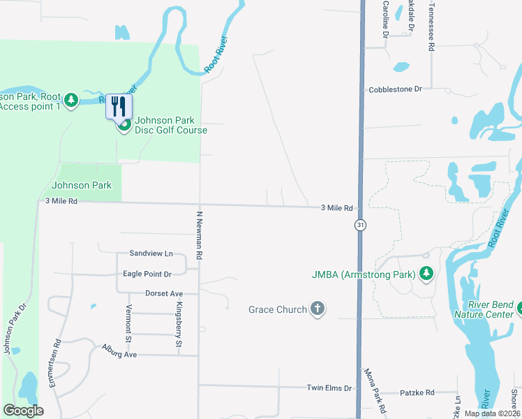 map of restaurants, bars, coffee shops, grocery stores, and more near 5228 3 Mile Road in Racine
