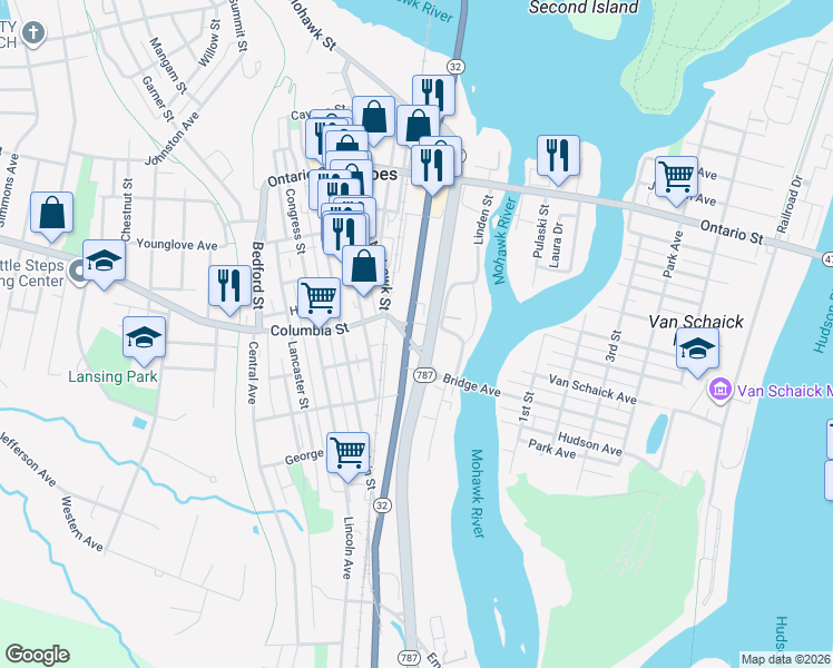map of restaurants, bars, coffee shops, grocery stores, and more near 213 Saratoga Street in Cohoes
