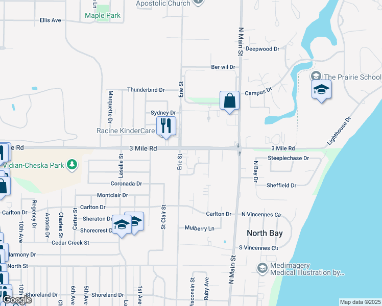 map of restaurants, bars, coffee shops, grocery stores, and more near 537 3 Mile Road in Racine