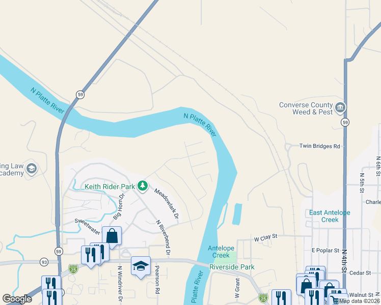 map of restaurants, bars, coffee shops, grocery stores, and more near 969 Shoshone Drive in Douglas