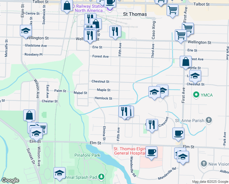 map of restaurants, bars, coffee shops, grocery stores, and more near 47 Maple Street in Saint Thomas