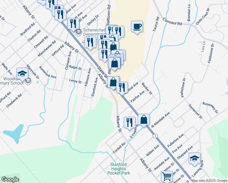 map of restaurants, bars, coffee shops, grocery stores, and more near 3610 State Street in Schenectady