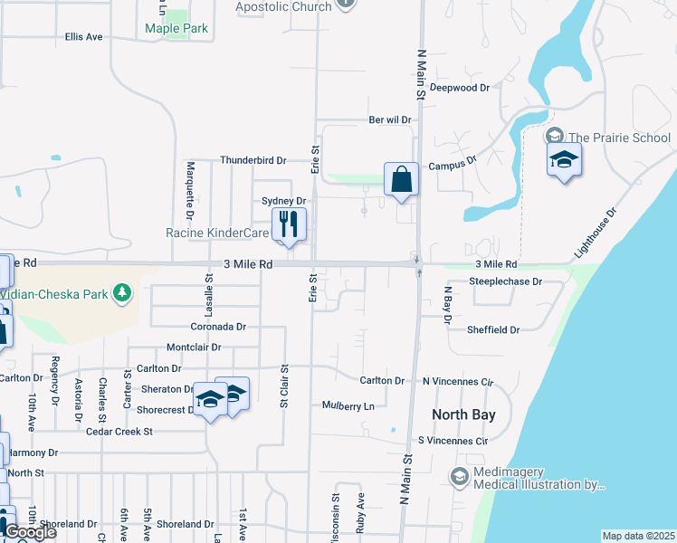 map of restaurants, bars, coffee shops, grocery stores, and more near 529 3 Mile Road in Racine