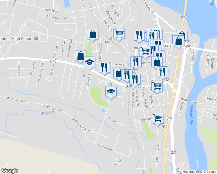 map of restaurants, bars, coffee shops, grocery stores, and more near 20 James Street in Cohoes