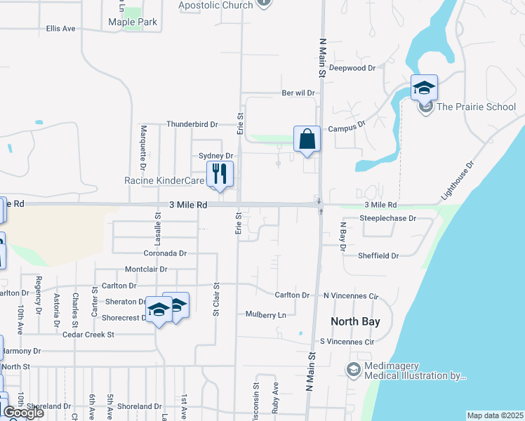 map of restaurants, bars, coffee shops, grocery stores, and more near 523 3 Mile Road in Racine