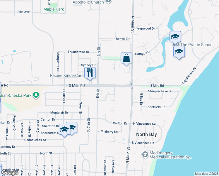 map of restaurants, bars, coffee shops, grocery stores, and more near 515 3 Mile Road in Racine
