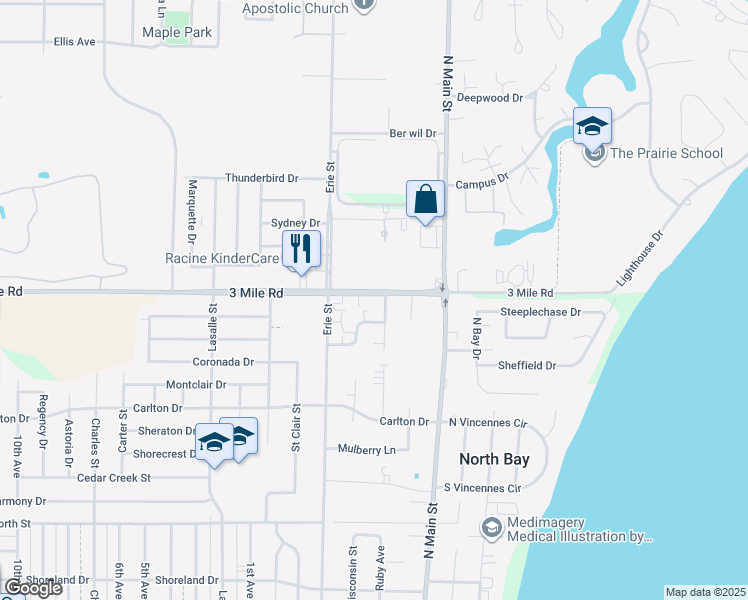 map of restaurants, bars, coffee shops, grocery stores, and more near 509 3 Mile Road in Racine