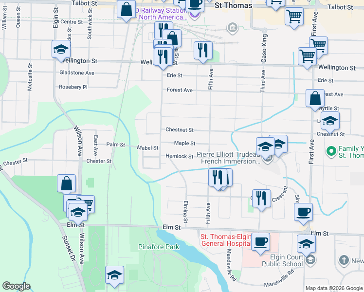map of restaurants, bars, coffee shops, grocery stores, and more near 21 Maple Street in St. Thomas