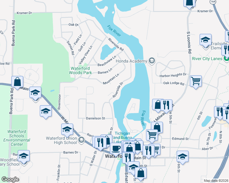 map of restaurants, bars, coffee shops, grocery stores, and more near 148 Riverside Drive in Waterford