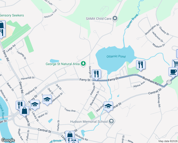 map of restaurants, bars, coffee shops, grocery stores, and more near 12 George Street in Hudson