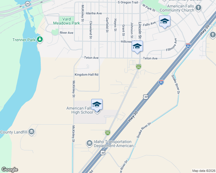 map of restaurants, bars, coffee shops, grocery stores, and more near 2798 Kingdom Hall Road in American Falls