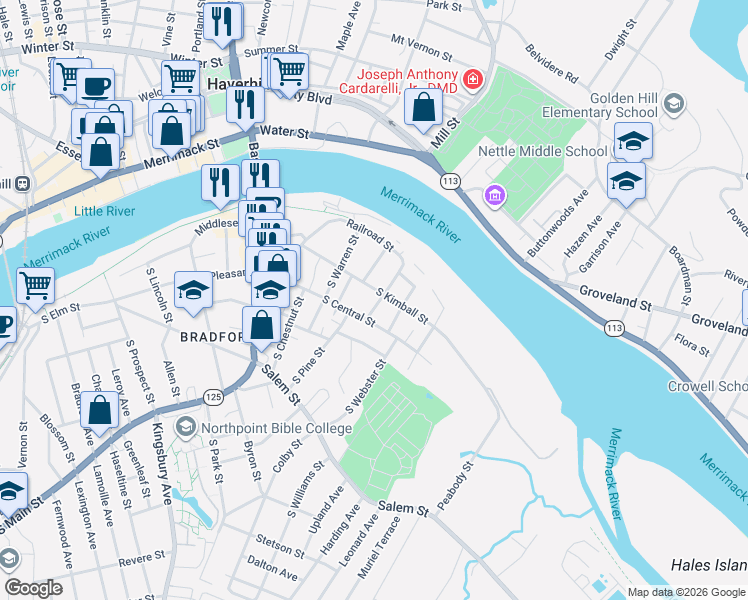 map of restaurants, bars, coffee shops, grocery stores, and more near 29 South Grove Street in Haverhill