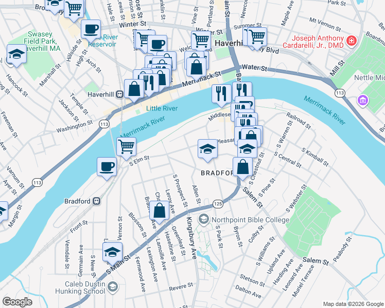 map of restaurants, bars, coffee shops, grocery stores, and more near 14 South Lincoln Street in Haverhill