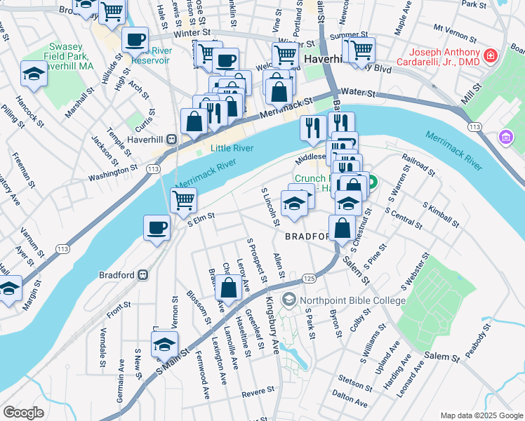 map of restaurants, bars, coffee shops, grocery stores, and more near 14 South Lincoln Street in Haverhill