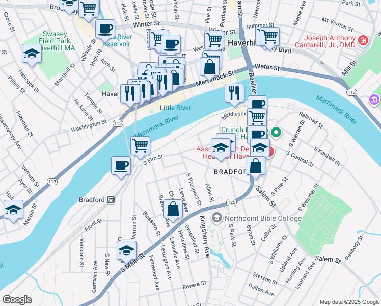 map of restaurants, bars, coffee shops, grocery stores, and more near 101 South Elm Street in Haverhill