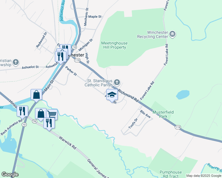 map of restaurants, bars, coffee shops, grocery stores, and more near 10 Swan Street in Winchester