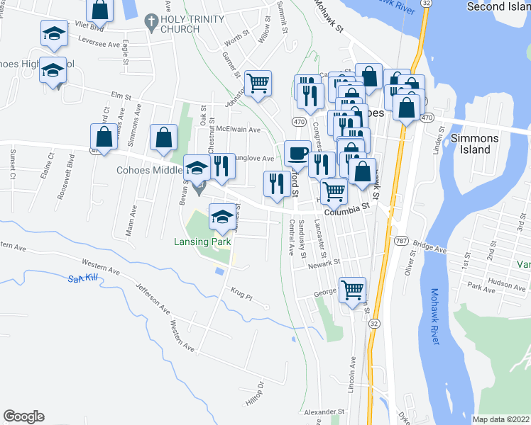 map of restaurants, bars, coffee shops, grocery stores, and more near 7 Trull Street in Cohoes