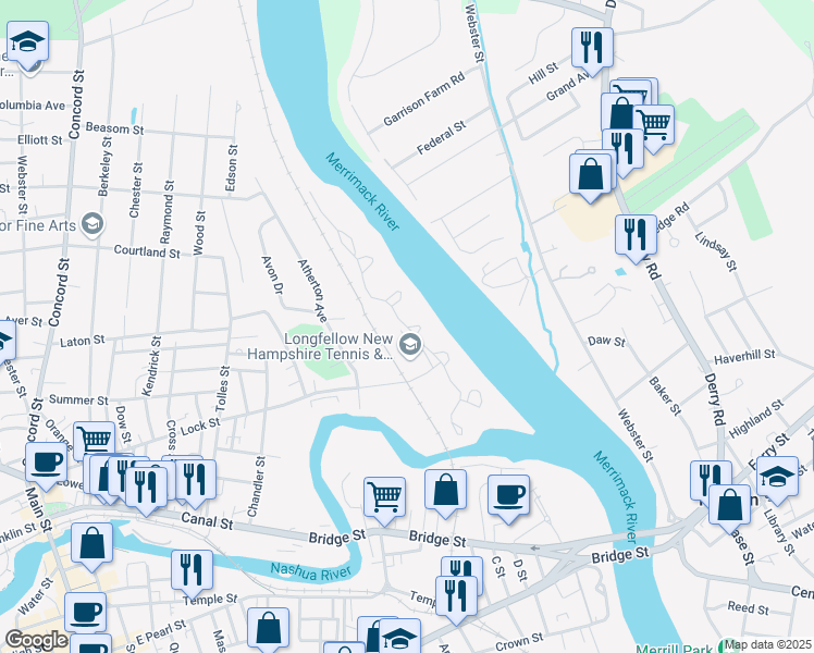 map of restaurants, bars, coffee shops, grocery stores, and more near 97 Walden Pond Drive in Nashua