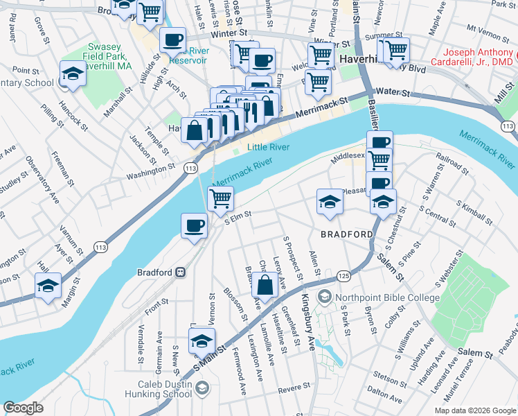 map of restaurants, bars, coffee shops, grocery stores, and more near 134 South Elm Street in Haverhill