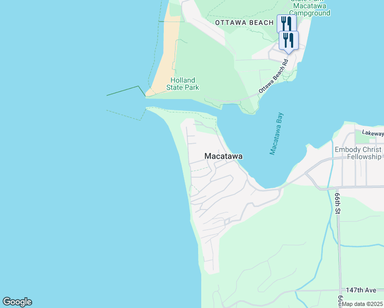 map of restaurants, bars, coffee shops, grocery stores, and more near 707 Lakeside Drive in Macatawa