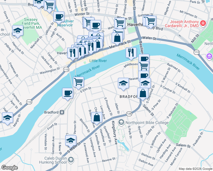 map of restaurants, bars, coffee shops, grocery stores, and more near 162 South Pleasant Street in Haverhill
