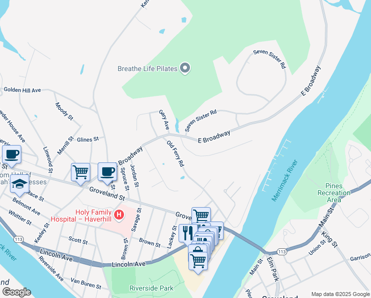 map of restaurants, bars, coffee shops, grocery stores, and more near 38 Old Ferry Road in Haverhill